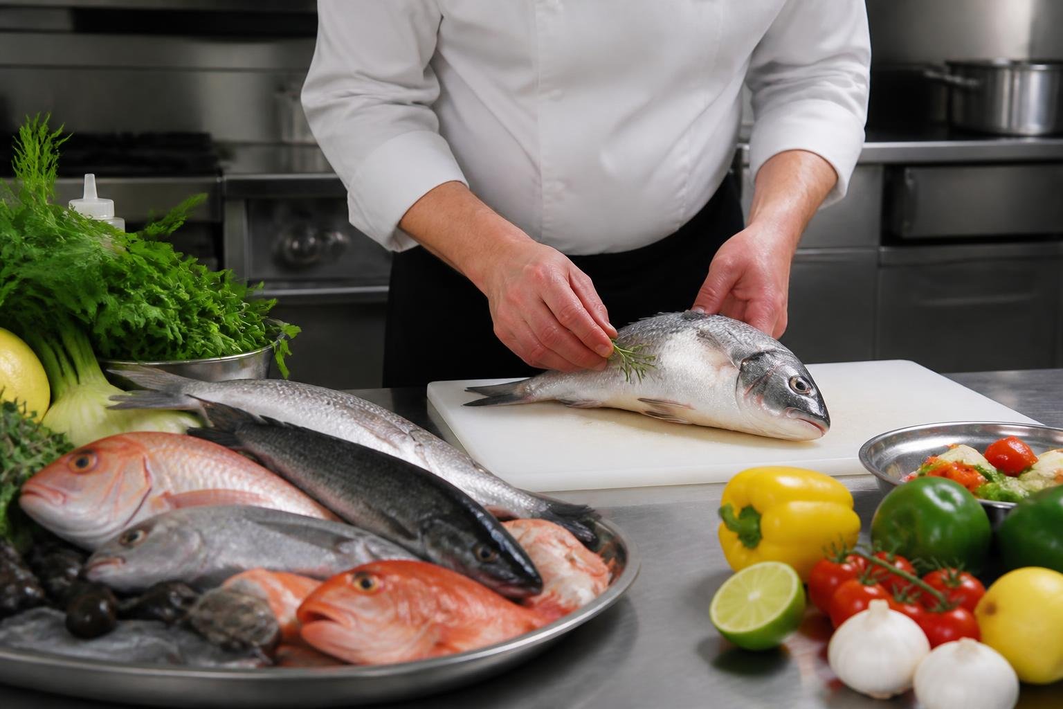 Ingrédients frais et préparation culinaire en cuisine professionnelle