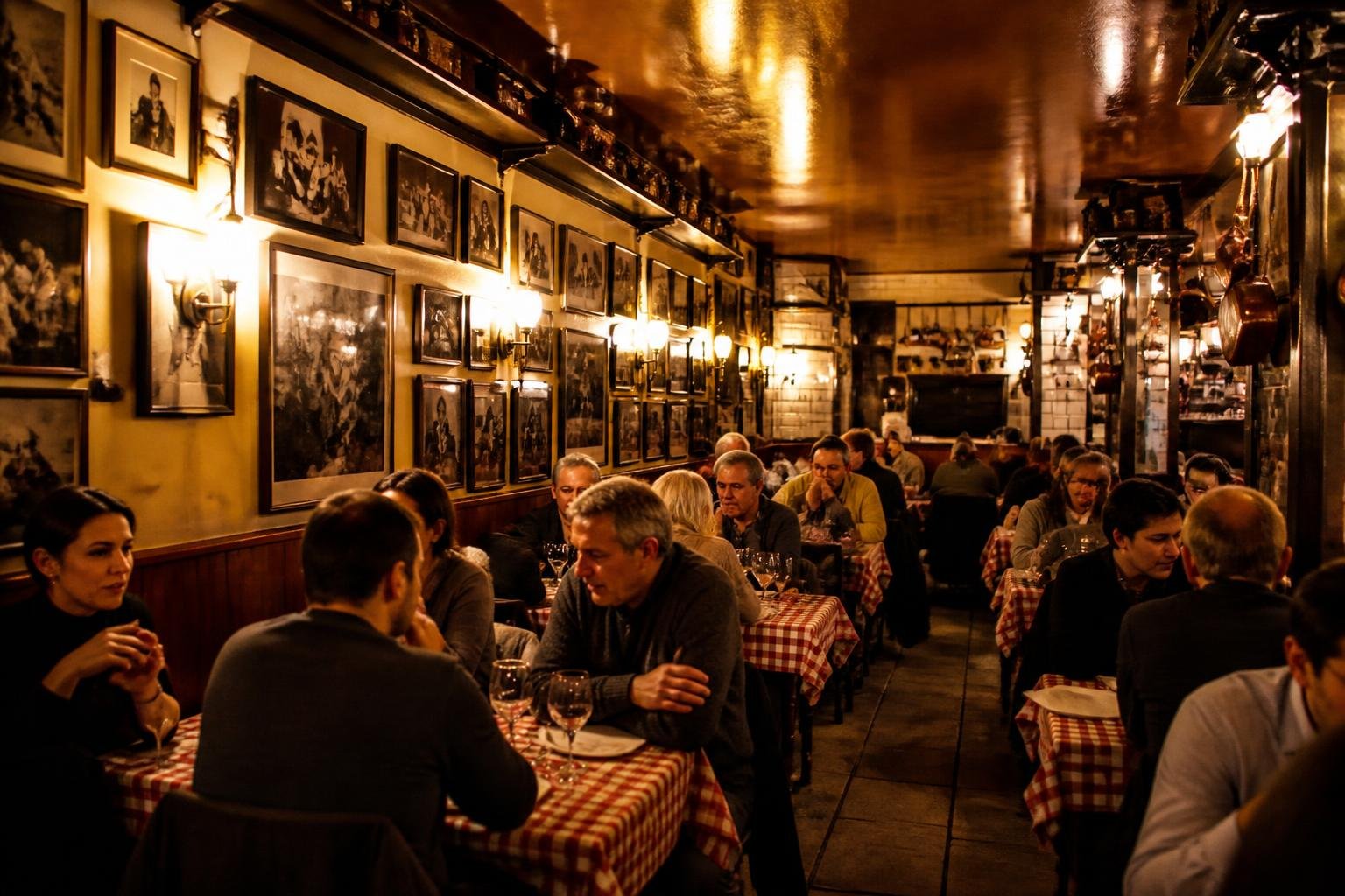 Intérieur chaleureux d'un bouchon lyonnais avec tables serrées et décor authentique