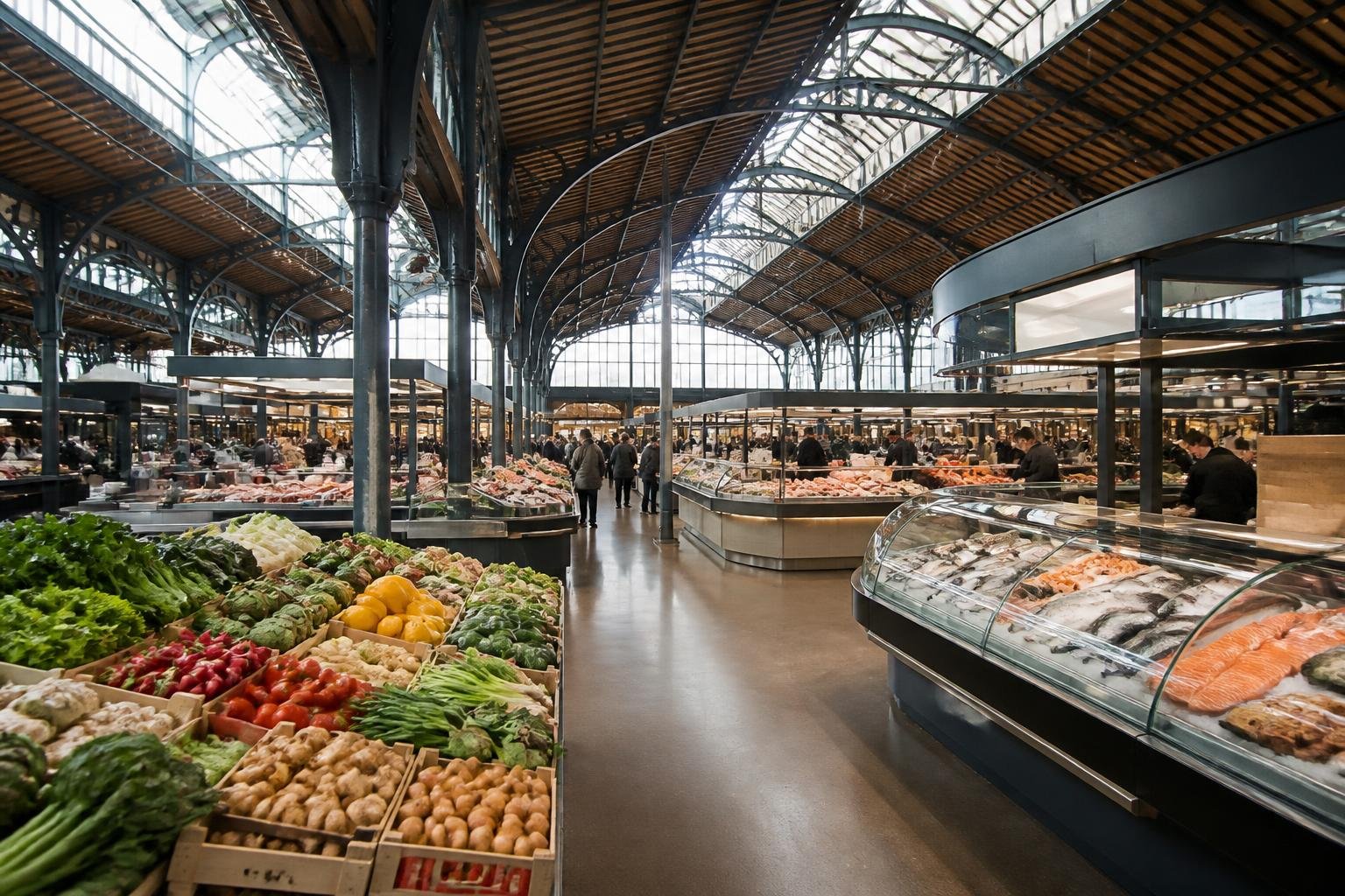 Vue générale des Halles Paul Bocuse avec étals de produits frais et lumière naturelle