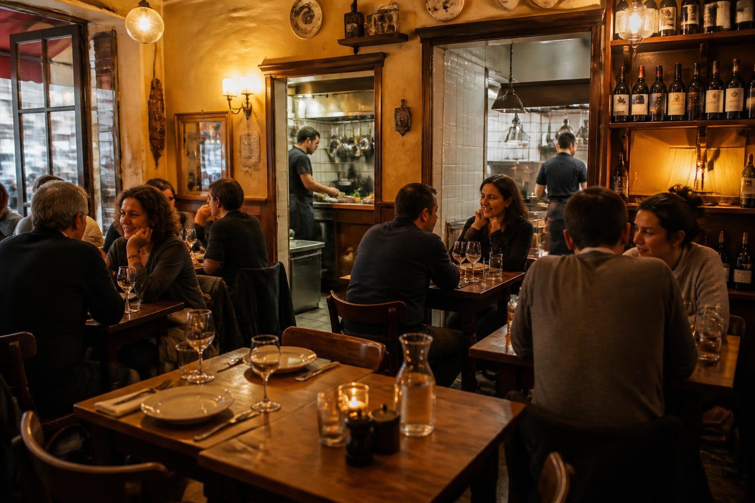 Intérieur chaleureux d'un petit restaurant traditionnel avec tables simples et ambiance conviviale