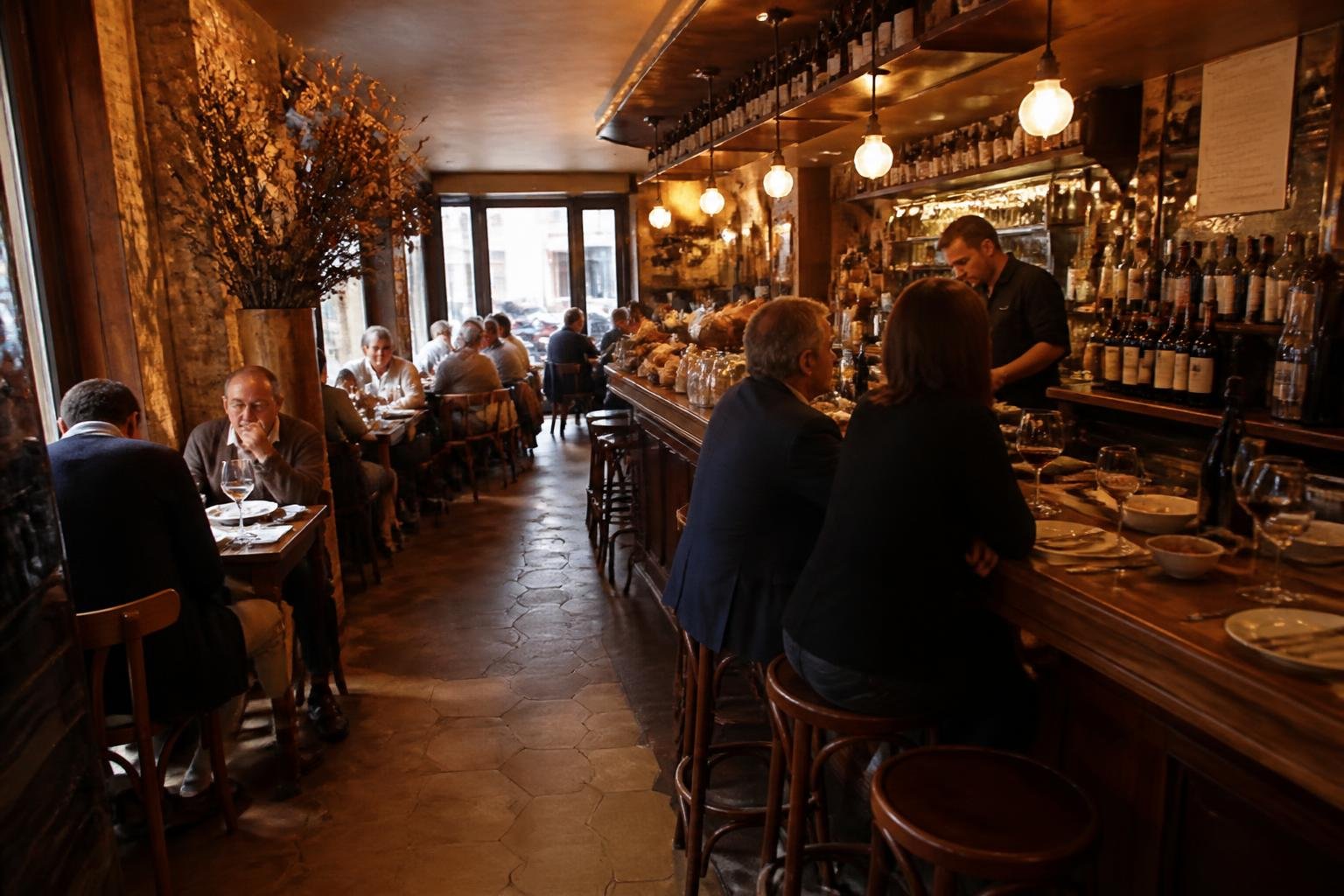 Intérieur chaleureux d'un bistrot traditionnel avec comptoir et clients